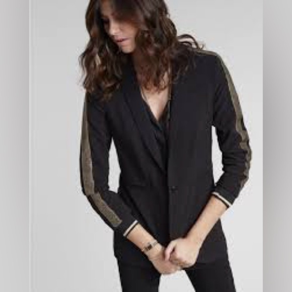 Lauren Vidal Paris Black Gold Metallic Stripe Accent Tailored Blazer Jacket SZ 2